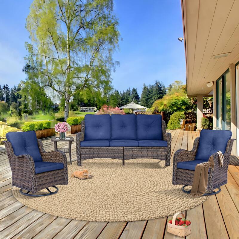 High Back 4-Piece Outdoor Wicker Patio Furniture Seating Sofa Set with Swivel Chairs - Navy Blue-Brown Wicker
