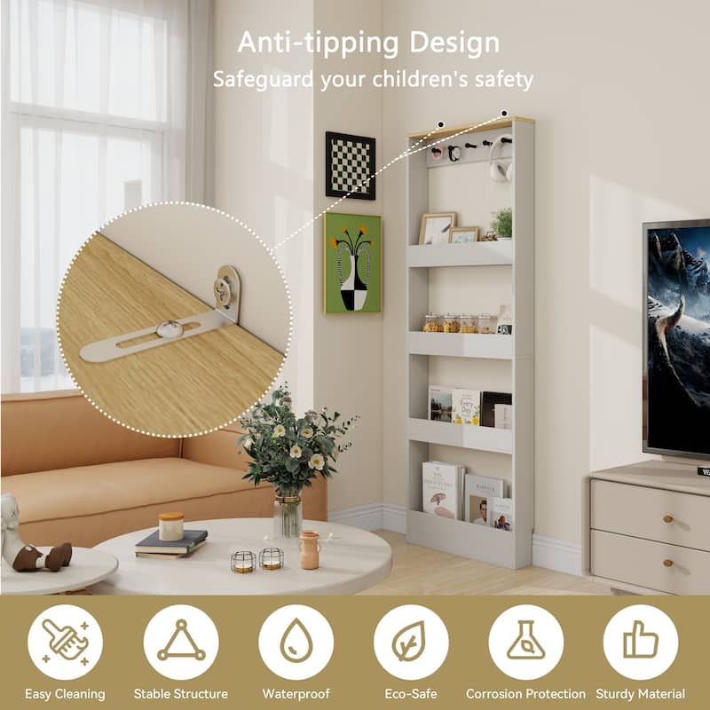 69" Tall Bookcase with 4 Shelves and 5 hooks, Wall Mounted Space-Saving Narrow storage cabinet for Living Room