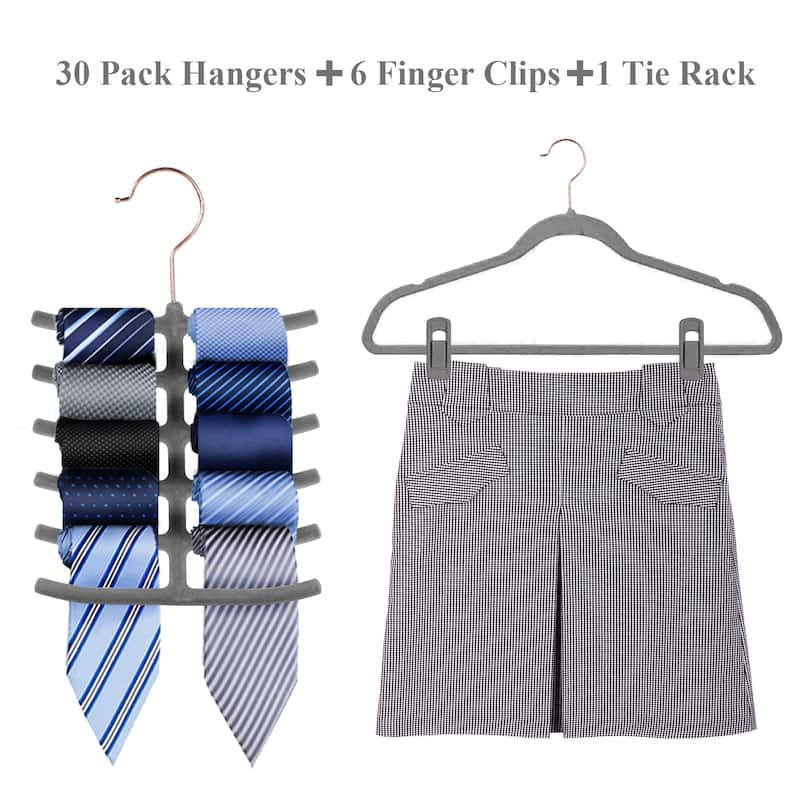 Javlergo 50/100 Pack Velvet Hangers, Heavy Duty Non Slip & Space-Saving Cloth Hangers with 6 Finger Clips & Tie Rack