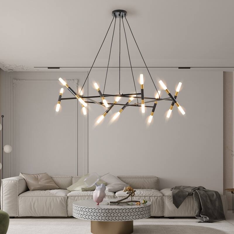 Modern Chandelier Light Fixture, Branch Design with Frosted Tubes, Black Cords, Adjustable Height Pendant Light for Dining Room