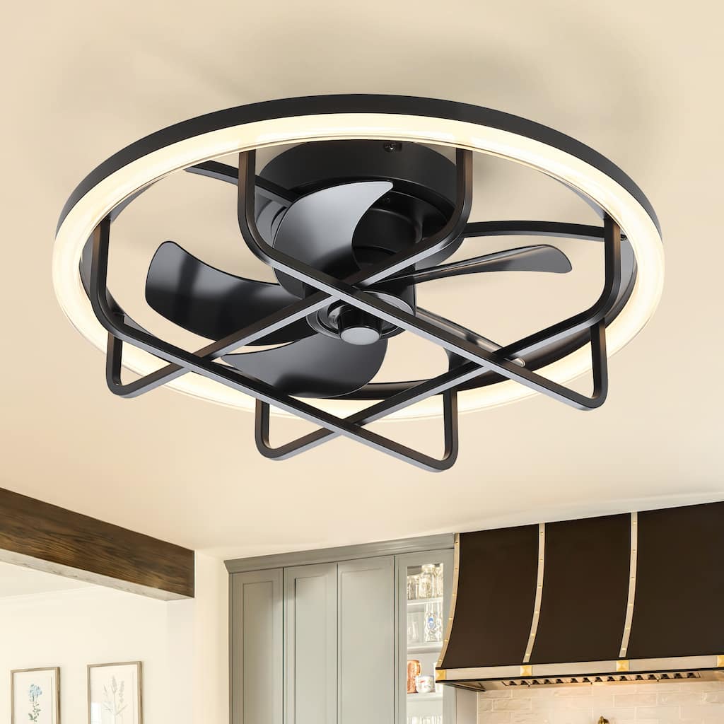 20 Inch Flush Mount RGB LED Ceiling Fan, Remote Control, Reversible DC Motor, Black Low Profile Fan for Bedroom - 20-Inch
