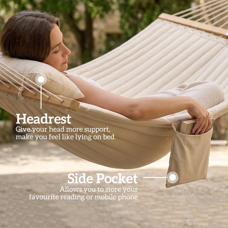 Outsunny Outdoor Hammock, 2-Person Hammock with Head Pillow and Pad, Wood Spreader Bars, 440 lbs Capacity