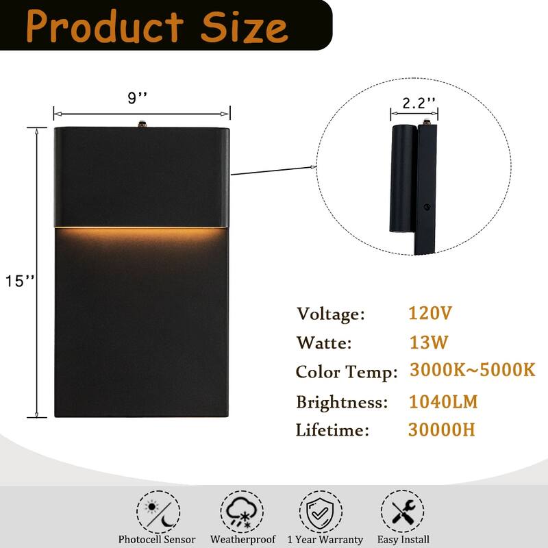 1-Light H13/15 in Modern Simple Sqaure 10W/13W Integrated LED Outdoor Wall Sconce with Dusk to Dawn Sensor in Matte Black