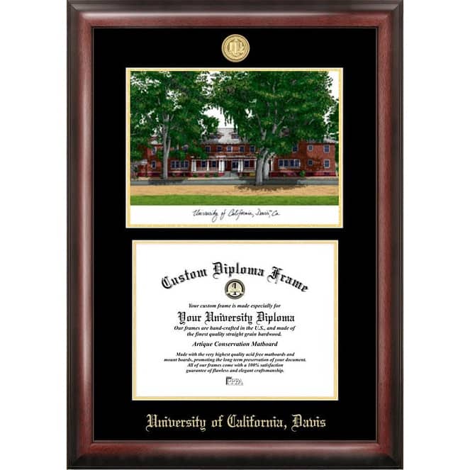 University of California, Davis Gold Embossed Diploma Frame with Campus Images Lithograph