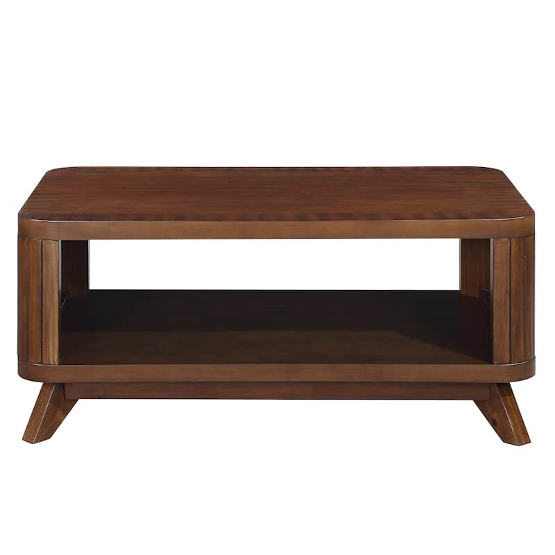 41.5" Rectangular Coffee Table, Solid Wood Fluted Coffee Table 2 Tier Storage Center Table Tea Table with Open Shelf - Espresso