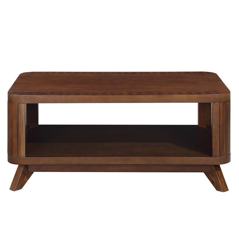 Solid Wood Coffee Table Rectangular Center Table with Open Storage Shelf, Smooth Curved Edge and Vertical Groove Design