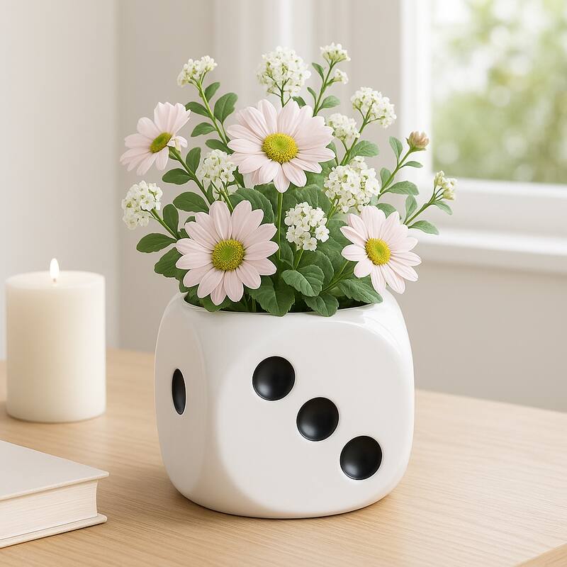 Decorative Ceramic Dice Planter - 6", White & Black - 6.0"