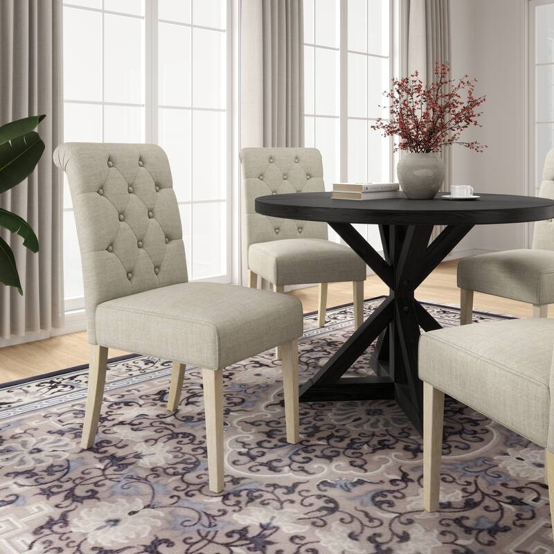 5 Piece Dining Table Set, Wooden Kitchen Furniture Set, Round Table with Cross-Buck Pedestal Base and 4 Tufted Chairs