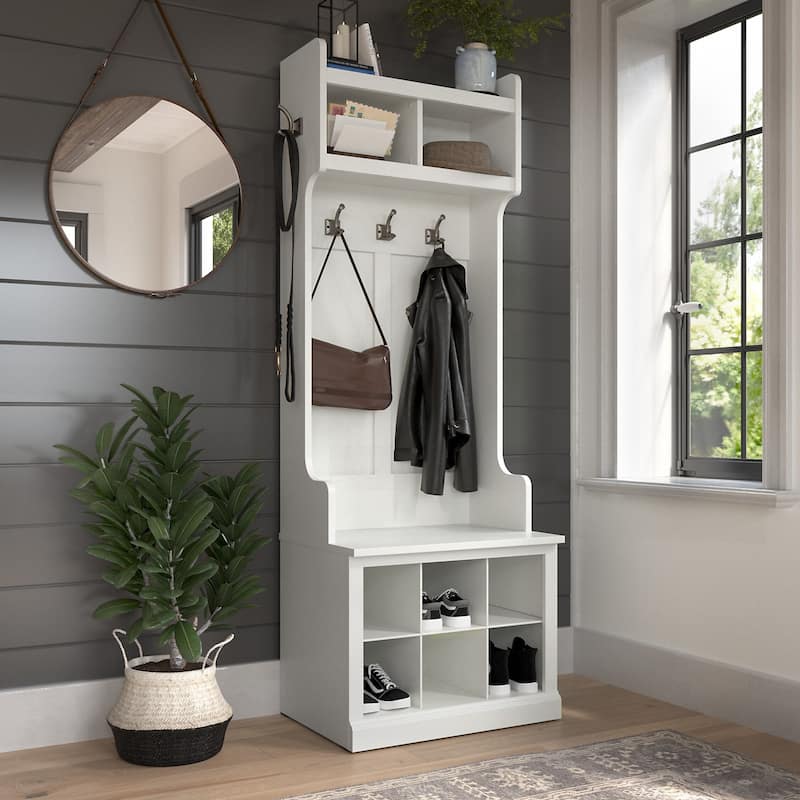 Woodland Hall Tree and Small Shoe Bench with Shelves by Bush Furniture - White Ash