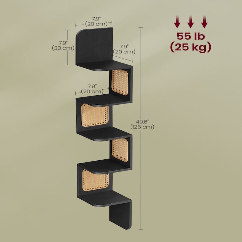 5-Tier Space-Saving Modern Zigzag Corner Shelf Wall-Mounted Display for Bedroom or Living Room - 7.9"D x 7.9"W x 49.6"H