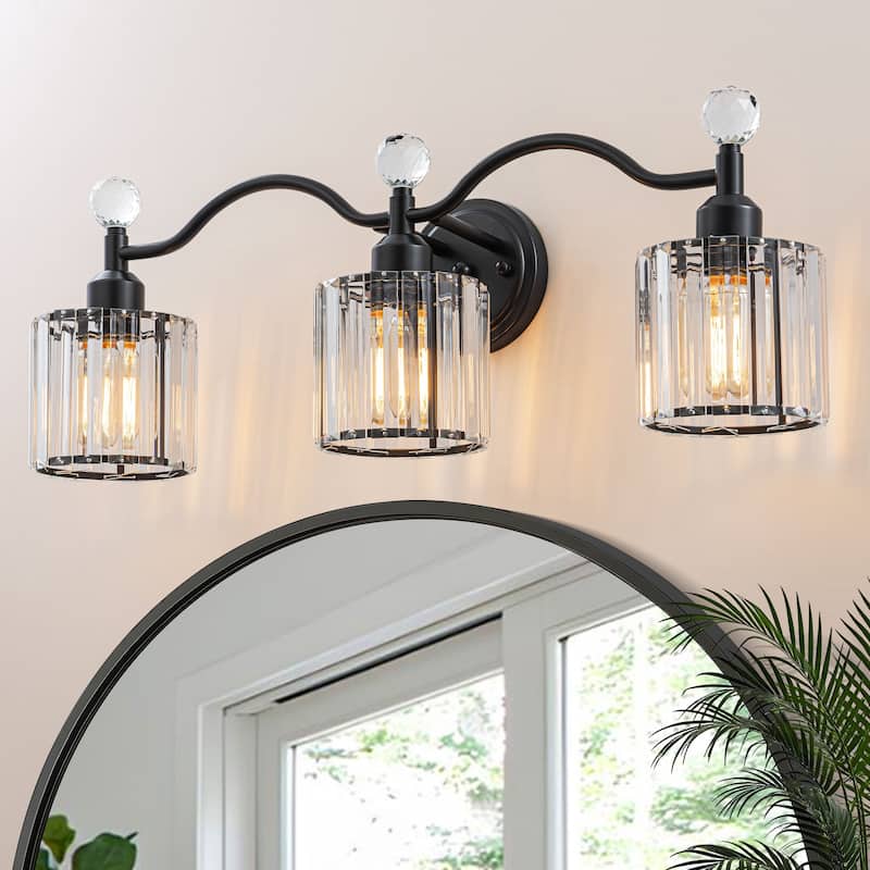 Starsky 3-Light Modern Crystal Bathroom Vanity Fixture with Ribbed Glass Shades and Sparkling Crystal Ball Accents - Matte Black