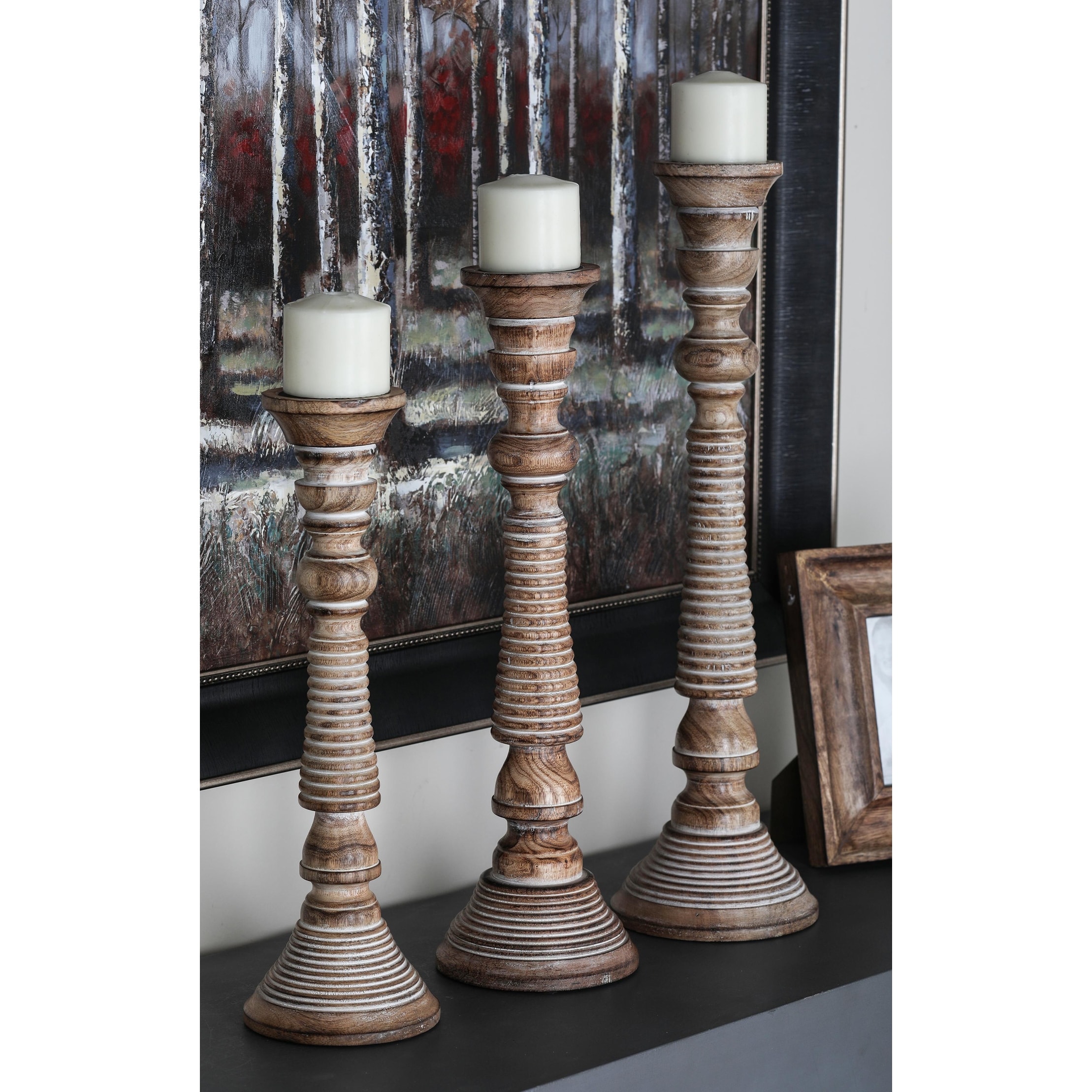 Light Grey Mango Wood Traditional Candle Holder (Set of 3)