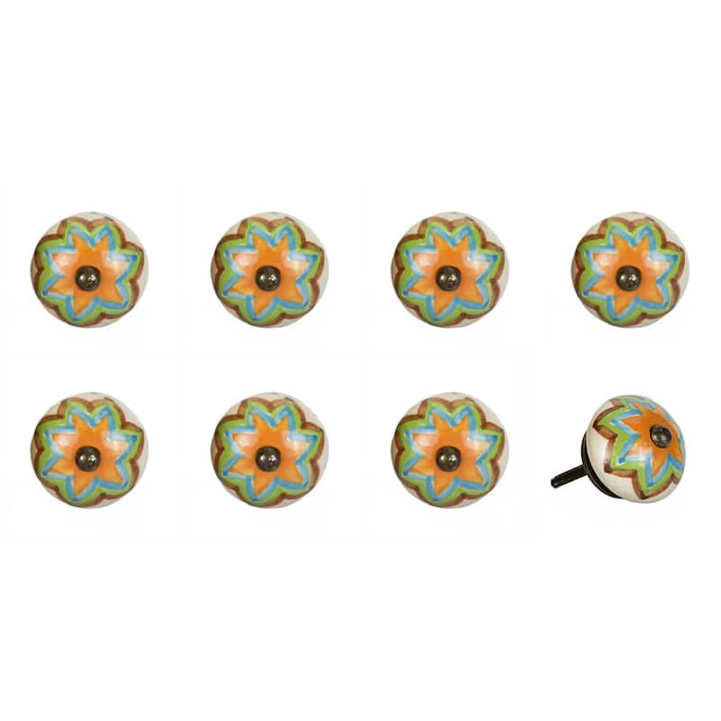 HomeRoots Set of Eight Blue And Orange Ceramic And Metal Drawer Pull Knobs - 1.5' X '1.5' X '1.5
