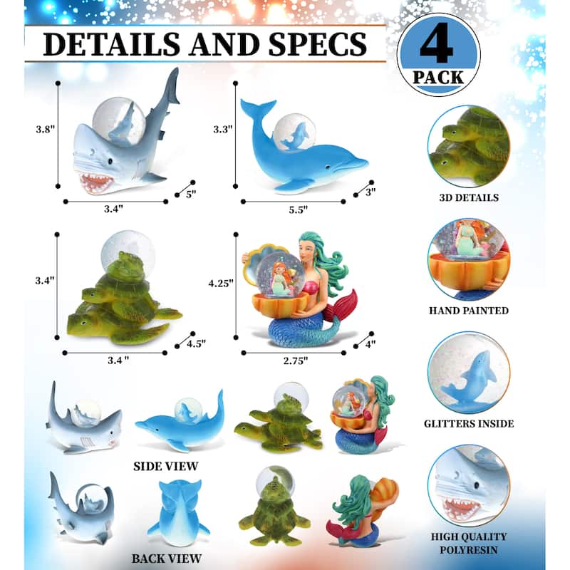 CoTa Global Shark, Dolphin, Sea Turtle, Mermaid Snow Globe - Set of 4 - 45 mm