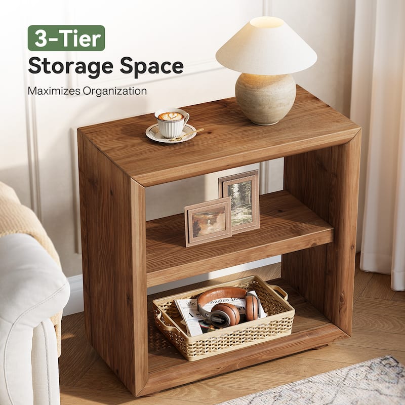 Solid Wood End Table with Storage Shelves, Bedside Nightstand, Living Room Bedroom Accent Side Table