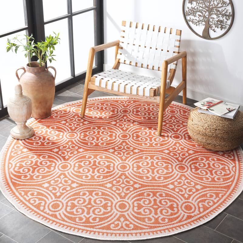 SAFAVIEH Bermuda Artimisia Geometric Indoor/Outdoor Waterproof Rug - 6'7" Round - Rust/Ivory