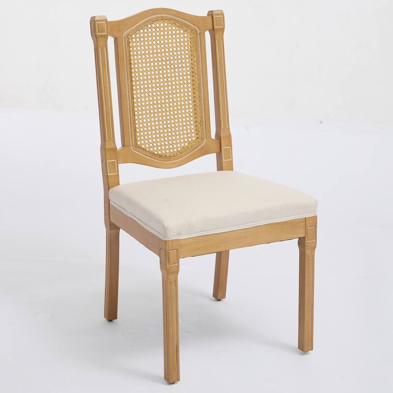 Linen Upholstered Dining Chairs Set of 2, Solid Wood Kitchen Side Chairs, Armless Lounge Chair with Rattan-Back