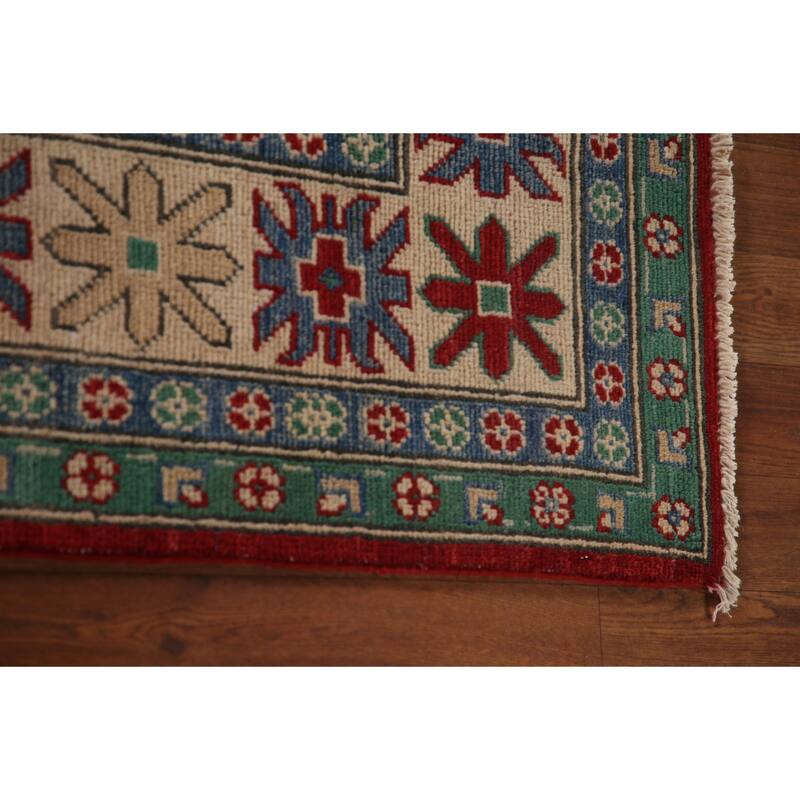 Red Geometric Kazak Oriental Area Rug Hand-Knotted Wool Carpet - 6'8" x 9'7"