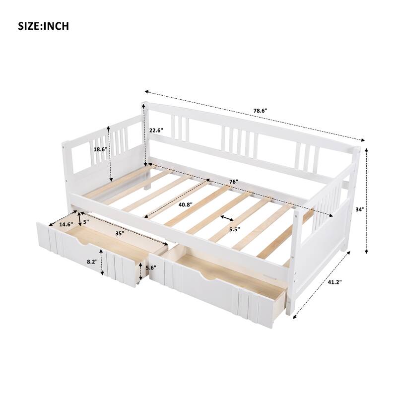 Daybed with Two Drawers, Solid Wood Frame, Guardrails, No Box Spring Needed
