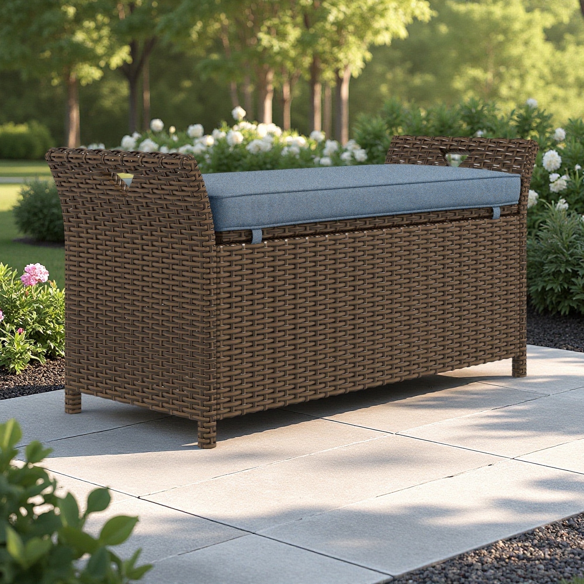 2-In-1 Large Capacity Rectangle Wicker Storage Bench with Handles and Cushion