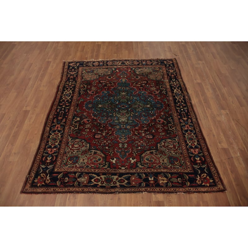 Hand Knotted Oriental 100% Wool Carpet Traditional Floral Navy Blue & Blues Bakhtiari Area Rug - 6' 6'' X 5' 2''