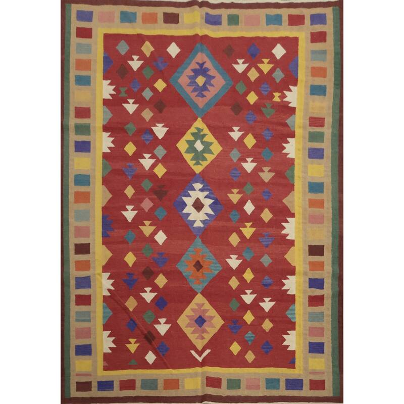 Hand Woven Oriental 100% Wool Carpet Southwestern Tribal Red Kilim Area Rug - 9' 10'' X 8' 3''