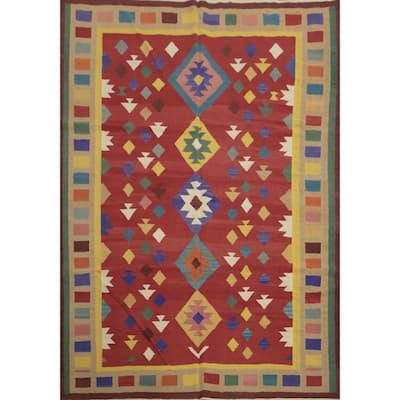 Hand Woven Oriental 100% Wool Carpet Southwestern Tribal Red Kilim Area Rug - 9' 10'' X 8' 3''