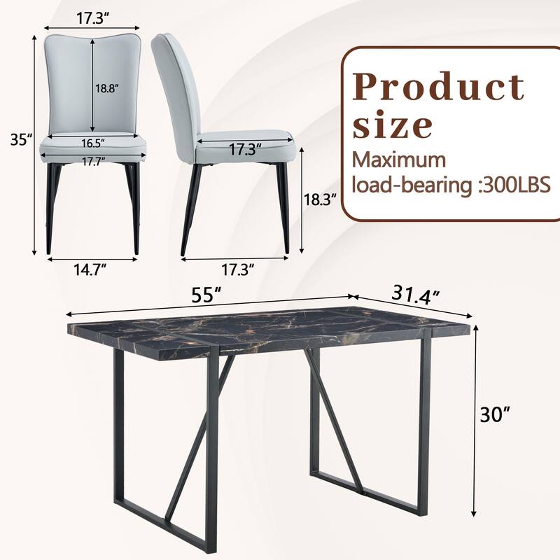 Table and chair set,Modern Marble Pattern MDF Dining Set - with 4 PU chairs with a vertical stripe design on the backrest