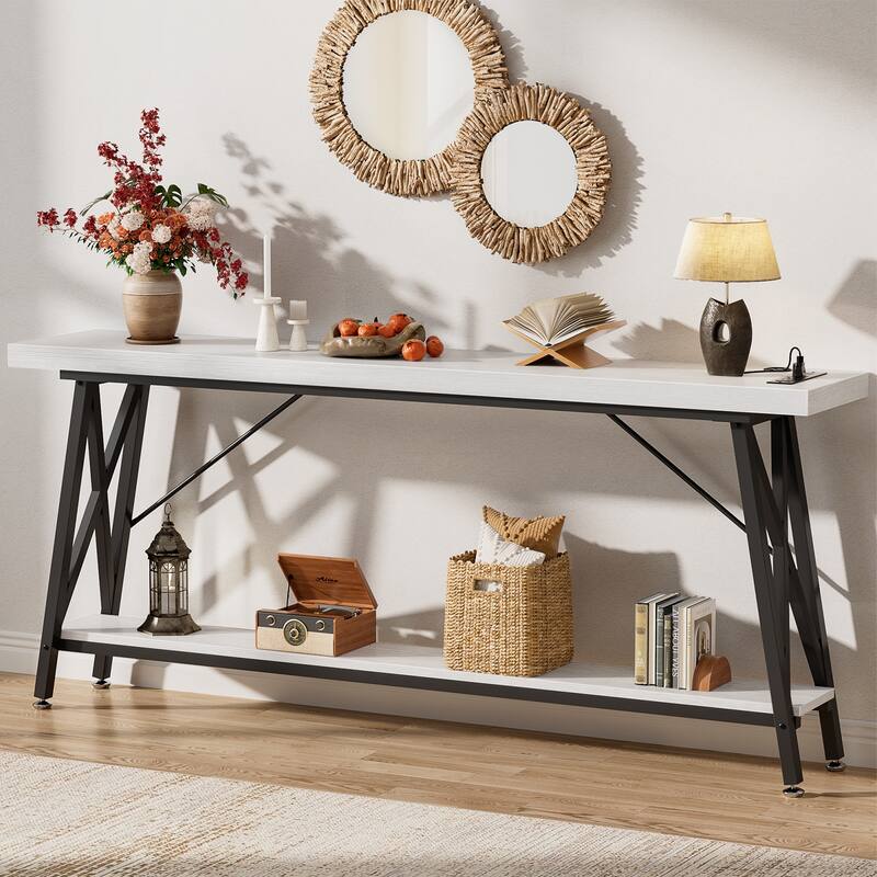 70.9'' Extra Long Console Table Sofa Table with Charging Station and Storage Shelf,Industrial Hallway Entry Table