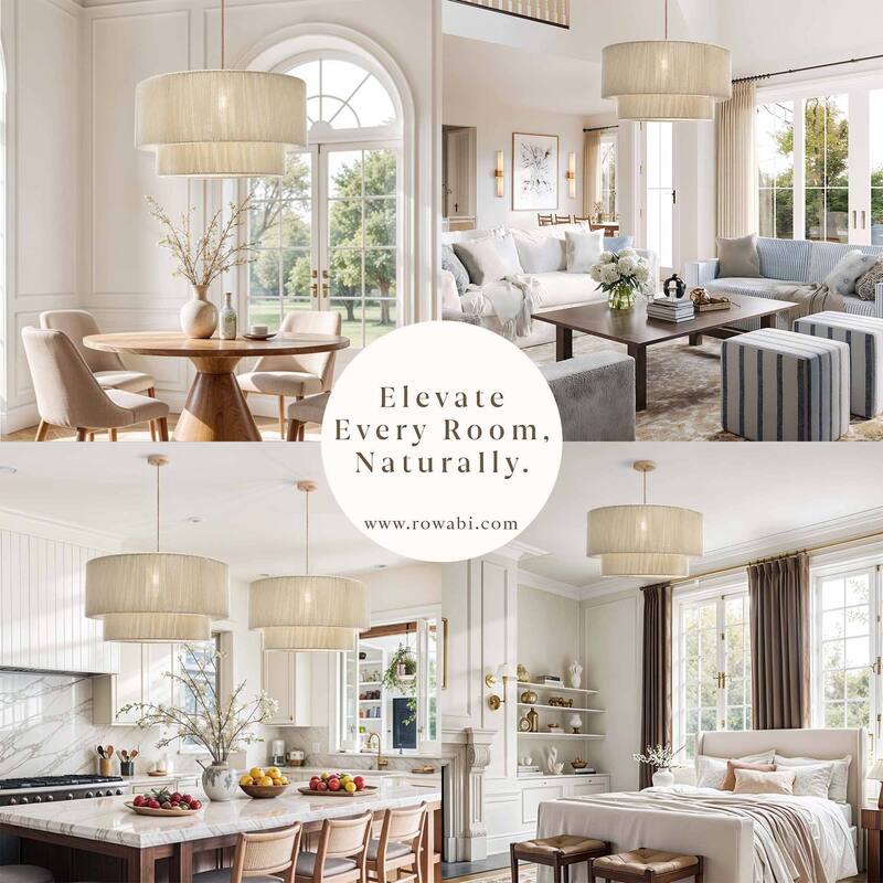 Elaine - 24" or 28" Ivory Jute Plug-In or Hardwired Light Fixture for Dining Room, Bedroom, or Kitchen in Japandi Style - 28'' - Gold Chain - Natural Ivory White