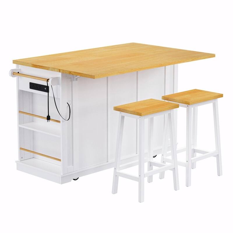 53" Rolling Kitchen Island with Drop Leaf, Power Outlet & Internal Door Storage, 5 Open Side Racks