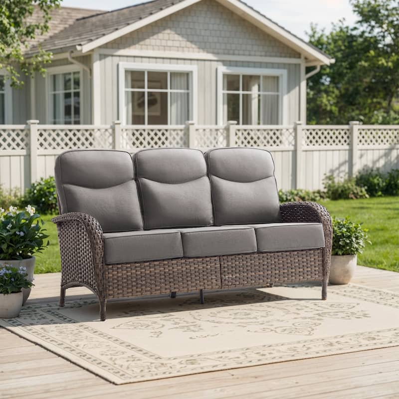 Pocassy Outdoor Sofa Swivel Chair and Ottman with Fire Pit Table - Brown Wicker Gray Cushion - Only 3-Seat Sofa
