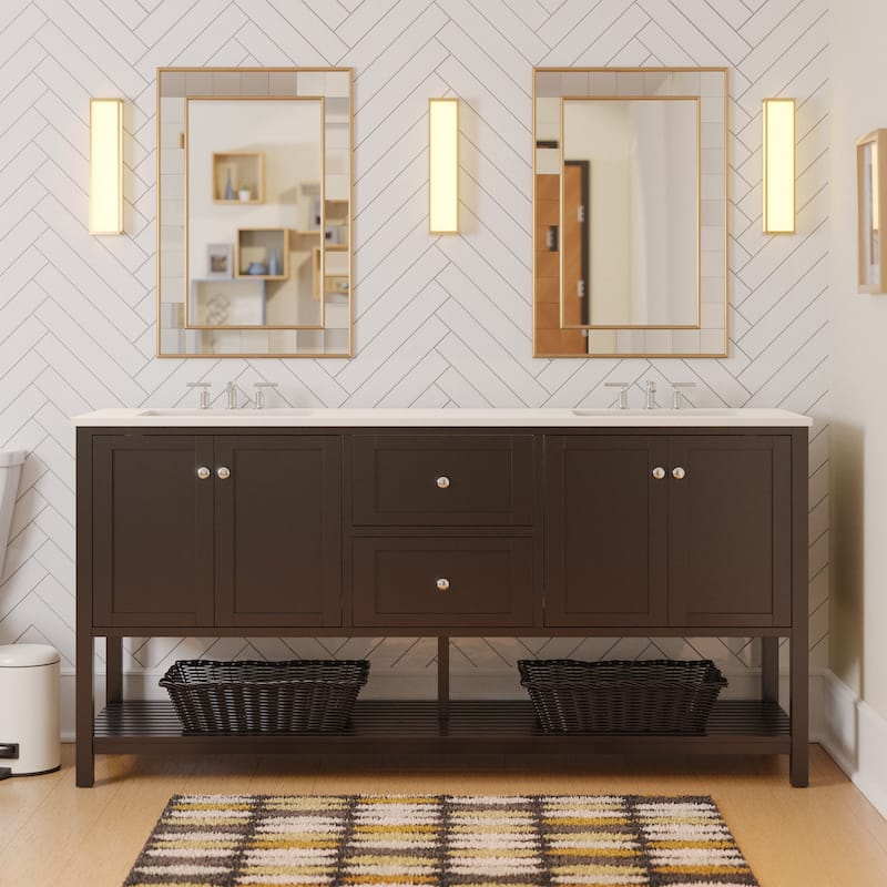 KitchenBathCollection Lakeshore 72" Double Bathroom Vanity with Engineered White Top - Chocolate