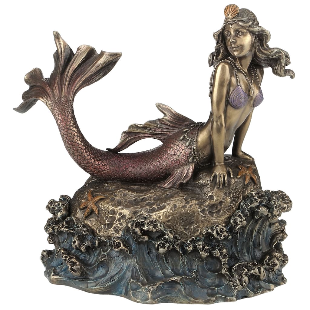 Veronese 6.3L Mermaid Laying On Rock Trinket Box Cold Cast Bronze