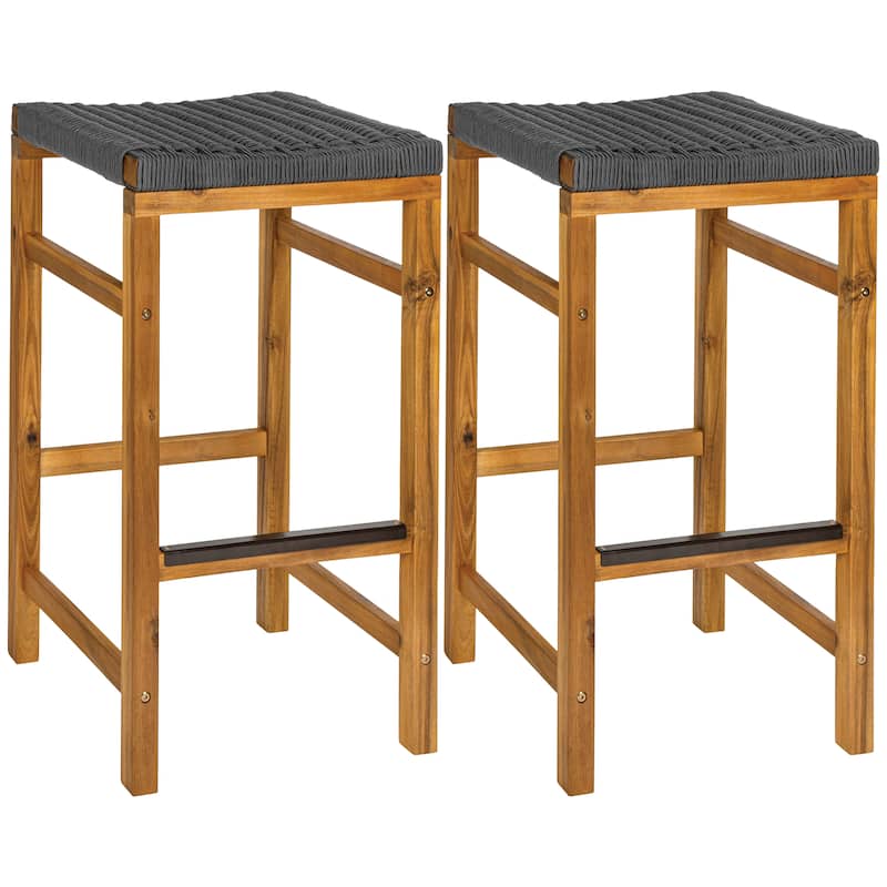 Armand Backless Acacia Wood Outdoor Stool with Woven Rope Seat, (Set of 2)