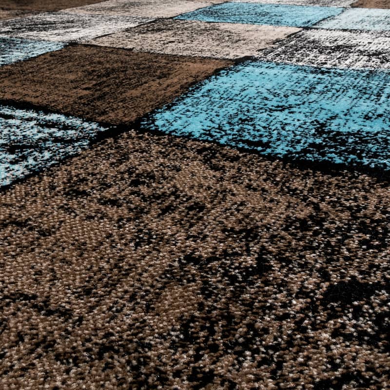 Modern Area Rug For Living Room In Brown Cream Blue Checked