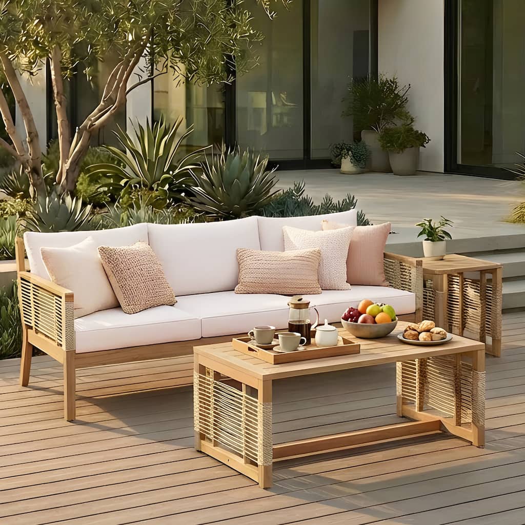 Roomfitters 3-Piece Patio Sofa Set, Modern Outdoor Wood Furniture with 3-Seater Sofa, Coffee Table, Side Table, Teak+Beige