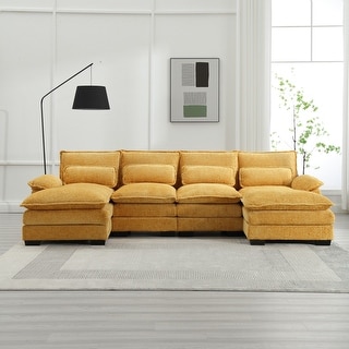 Chenille Upholstered U-Shaped Living Room Sectional Sofa With Wooden Legs
