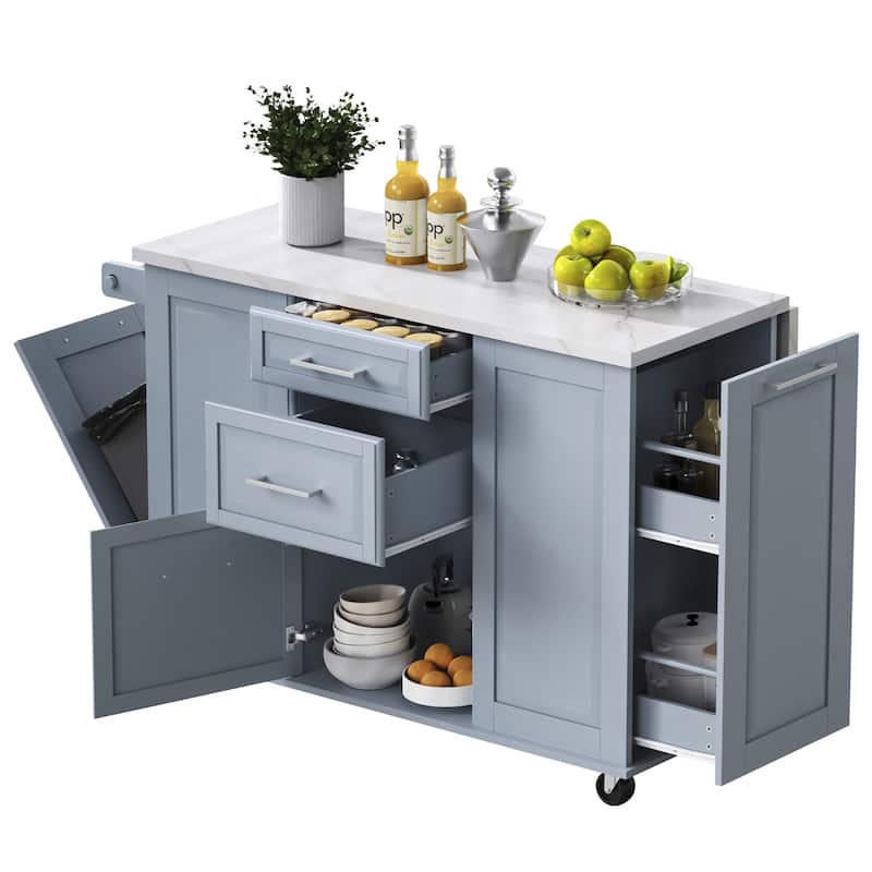 Vintage Rolling Kitchen Cart and Island with Drop Leaf, Tilt Trash Can Cabinet, 2 Drawers and 2-tier Pull-out Storage Organizer