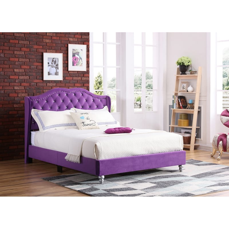 Upholstered Jewel Tufted Panel Queen Bed - 86" - Purple