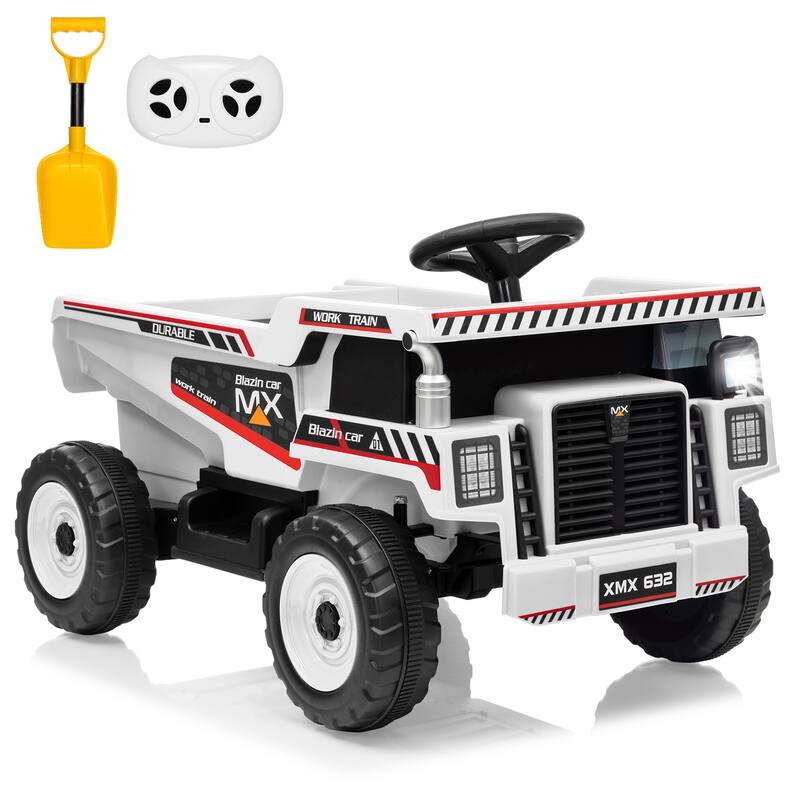 12V Ride-On Dump Truck with Remote Control, Automatic Lift Bed, Shovel & Music Player – for Kids Ages 3–8 - White