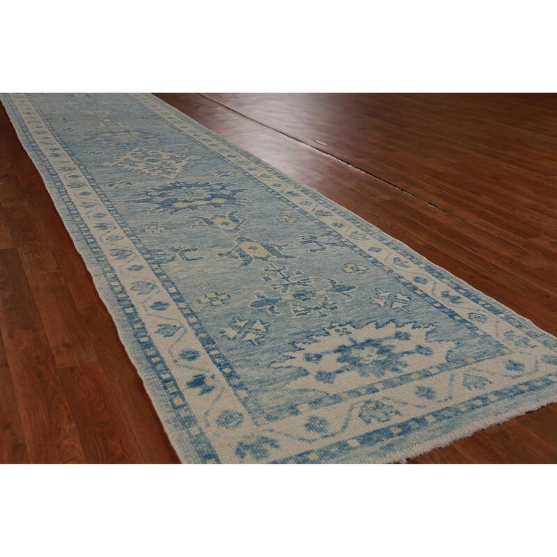 Hand Knotted Oriental 100% Wool Carpet Transitional Geometric Navy Blue & Blues Oushak Runner Rug - 14' 3'' X 2' 11''