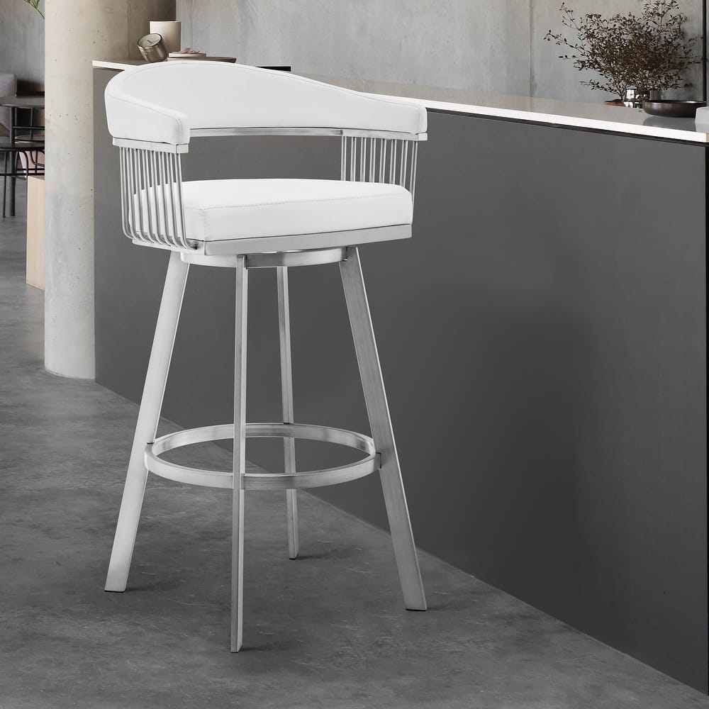 Bronson Brushed Stainless Steel Upholstered Bar Height Swivel Stool with Arms