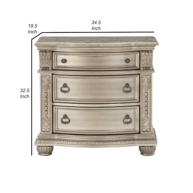 Caitlin 35 Inch 3 Drawer Nightstand with Marble Top, Leaf Carvings, Silver