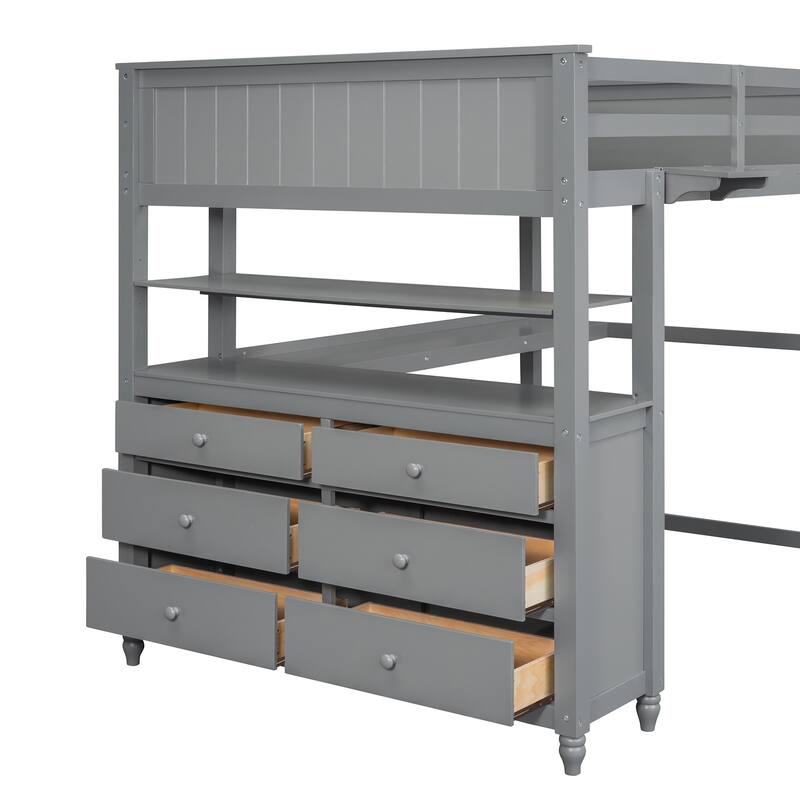 Full Size Loft Bed with Desk, Drawers, and Storage Shelves for Maximized Space