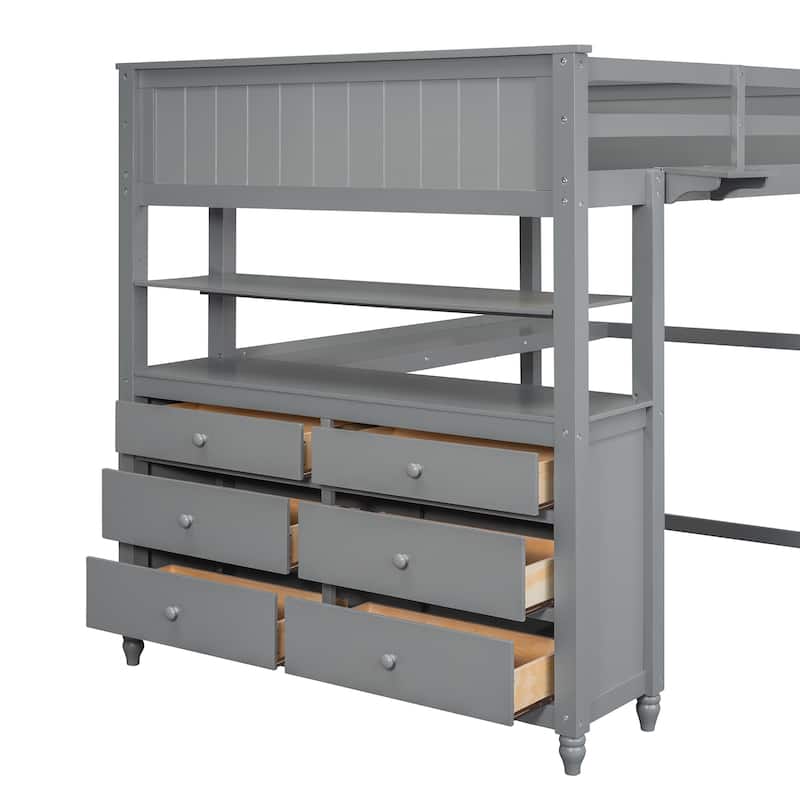 Full Wooden Loft Bed with Drawers and Reversible Ladder