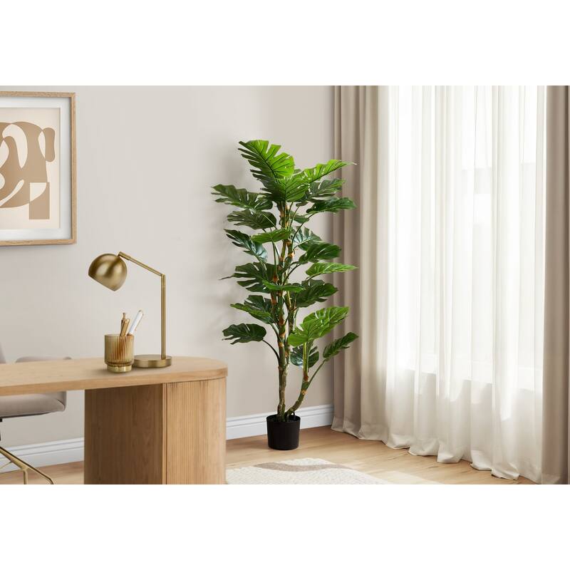 Artificial Plant, 61" Tall, Monstera Tree, Indoor, Potted, Floor, Real Touch, Green Leaves, Black Pot - Green