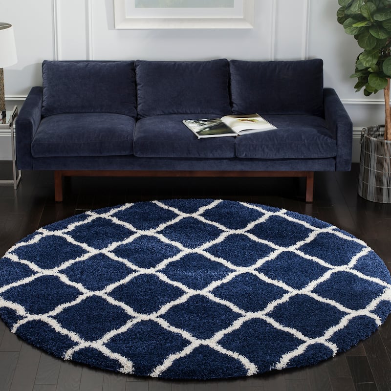 SAFAVIEH Hudson Shag Athena Trellis 2-inch Thick Rug - 7' Round - Navy/Ivory