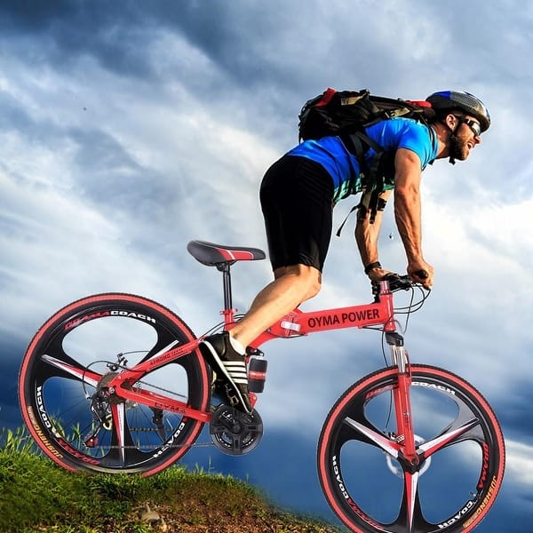 slide 1 of 18, 26in 21 Speed Folding Full Suspension Mountain Bike Red