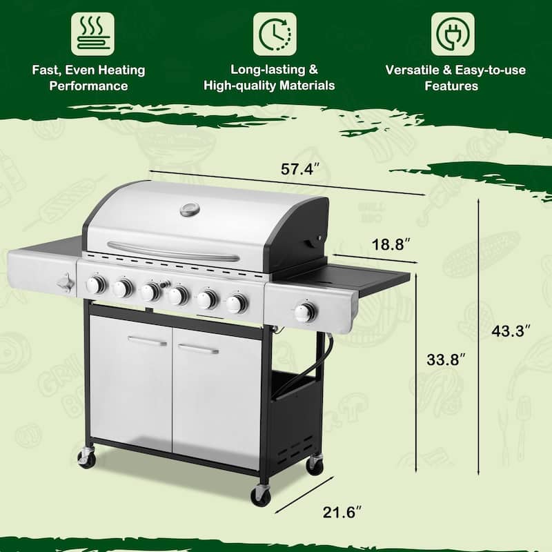 Outdoor BBQ Gas Grill - 58K BTU, Stainless Steel, with Stove & Side Table, perfect for camping, picnics, and gatherings